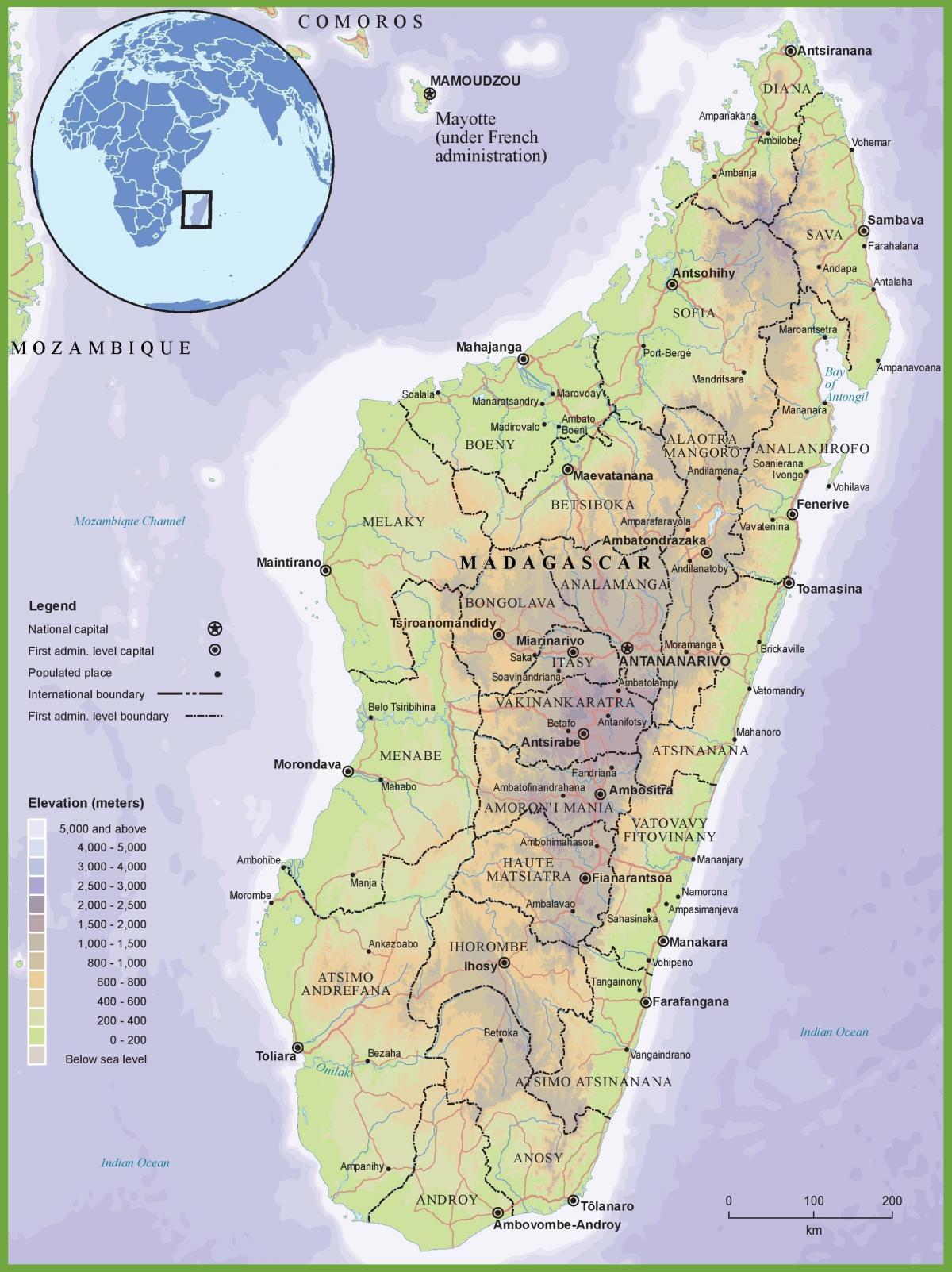 mapa de física mapa de Madagascar